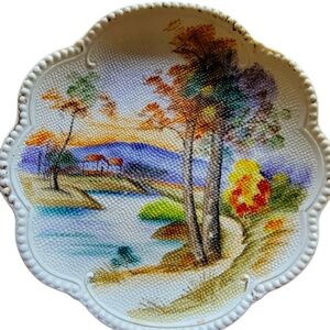 Japanese Hand Painted CABINET PLATE Tapestry 7.5 Country Scene Gold Trim